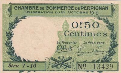 France 50 Centimes - Chambre de Commerce de Perpignan - 22-10-1919 - S�rie T-16