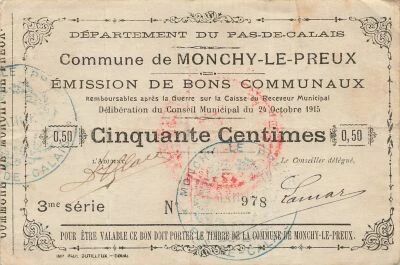 France 50 Centimes - City of Monchy-le-Preux - 24-10-1915