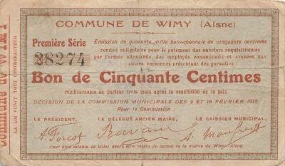 France 50 Centimes - City of Wimy - 16-02-1915
