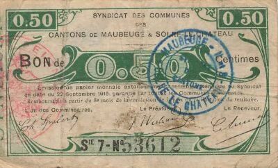 France 50 Centimes - Counties of Maubeuge and Solre-le-Chateau - 22-09-1915