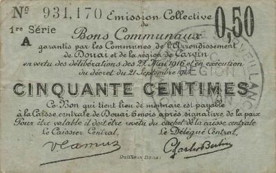 France 50 Centimes - Douai Arrondissement et Carvin Region- 21-09-1914 - 1st Serial A