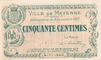 France 50 Centimes - Ville -  Mayenne - 08-12-1917
