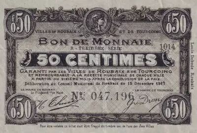 France 50 Centimes - Ville - Roubaix-Tourcoing - 15-12-1917 - 13�me s�rie