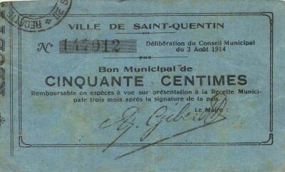 France 50 Centimes - Ville de Saint-Quentin - 03-08-1914