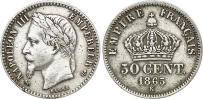 France 50 Centimes Francs Napolon III 1865  K Bordeaux - Argent