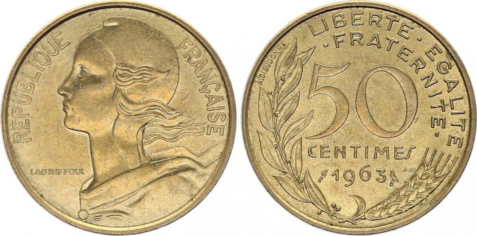 etat FRANCE  50 centimes 1963  LAGRIFFOUL col 3 plies 