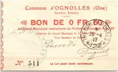France 50 Centimes Ognolles City - 1915