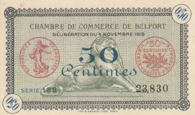 France 50 Cents - Belfort - Regional Coupon  - 04-11-1918 - Serial 132