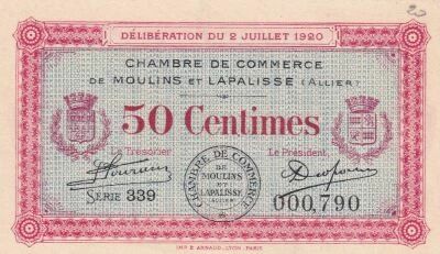 France 50 cents - Chamber of  Commerce - Moulins et Lapalisse - 02-07-1920 - S�rie 339