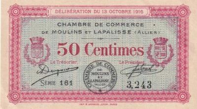 France 50 cents - Chamber of  Commerce - Moulins et Lapalisse -13-10-1916 - S�rie 161