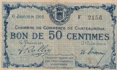France 50 Cents - Chamber of Commerce - Ch�teauroux - 1916 - S�rie F