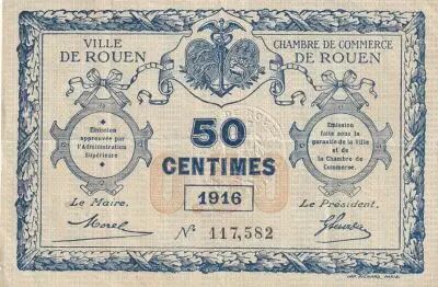 France 50 Cents - Chamber of Commerce - Rouen - 1916