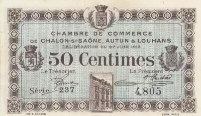 France 50 Cents - Chambre of commerce - Autun et Louhans - 27-06-1916 - Serial 237