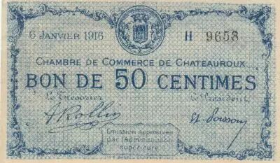 France 50 Cents - Chateauroux Chamber of Commerce - 06-01-1916 - Serial H