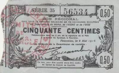 France 50 Cents - Fourmies - Regional Coupon  - 08-05-1916 - Serial 35