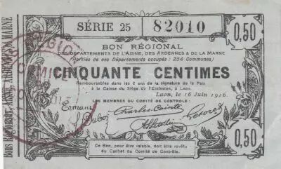 France 50 Cents - Laon - Regional Coupon - 16-06-1916 - Serial 25