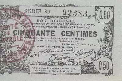 France 50 Cents - Laon - Regional Coupon - 16-06-1916 - Serial 39