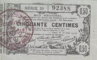 France 50 Cents - Laon - Regional Coupon - 16-06-1916 - Serial 39