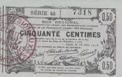 France 50 Cents - Laon - Regional Coupon - 16-06-1916 - Serial 40