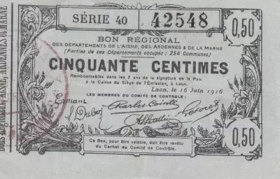 France 50 Cents - Laon - Regional Coupon - 16-06-1916 - Serial 40