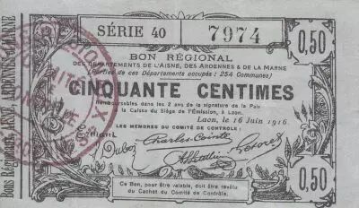 France 50 Cents - Laon - Regional Coupon - 16-06-1916 - Serial 40