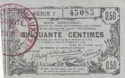 France 50 Cents - Laon - Regional Coupon - 16-06-1916 - Serial 7