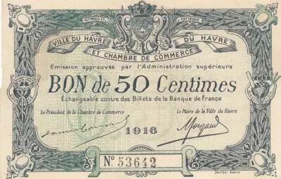 France 50 Cents - Le Havre Chamber of Commerce- 1916 - Number 53642