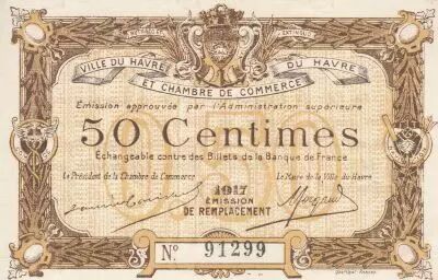 France 50 Cents - Le Havre Chamber of Commerce- 1917 - Replacement issue