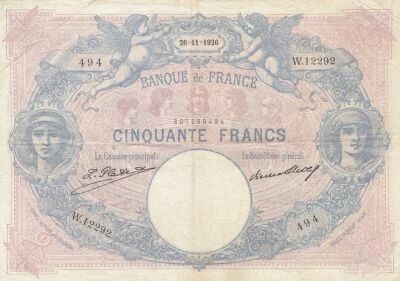 France 50 Francs - Blue and Pink - 26-11-1926 - Series W.12292