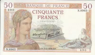 France 50 Francs - C�r�s - 03-11-1938 - S�rie N.8965