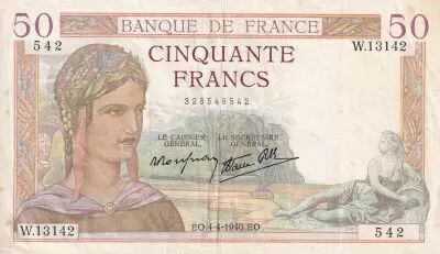France 50 Francs - C�r�s - 04-04-1940 - Serial W.13142 - VF to XF - P.85