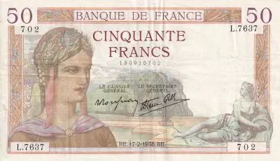 France 50 Francs - C�r�s - 17-02-1938 - S�rie L.7637 - TTB+ - F.18.09