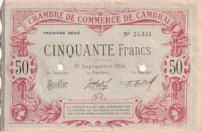France 50 Francs - Chamber of Commerce Cambrai  - 15-09-1914 - 3�me S�rie