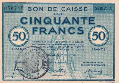 France 50 Francs , Colmar Chambre de Commerce, serial A