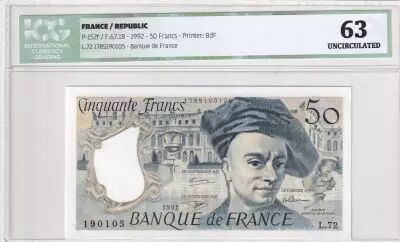 France 50 Francs - Quentin de la Tour - 1992 - Serial L.72- ICG 63UNC