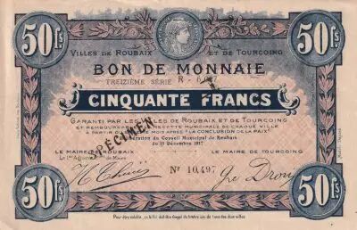 France 50 Francs - Ville -  Roubaix-Tourcoing - SPECIMEN - 13�me S�rie - 15-12-1917 - R6027