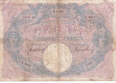 France 50 Francs Blue and Pink - May 31, 1913 - Series A.4651
