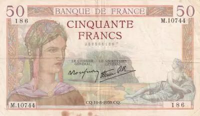 France 50 Francs C�r�s - 10-08-1939 - S�rie M.10744