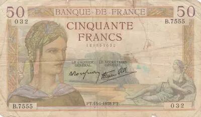 France 50 Francs Ceres - 13-01-1938 - Serial B.7555