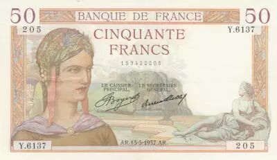 France 50 Francs Ceres - 13-05-1937 - Serial Y.6137 - XF