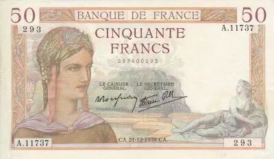 France 50 Francs C�r�s - 21/12/1939  - Serial  A. 11737
