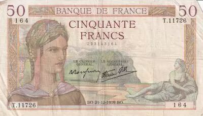 France 50 Francs Ceres - 21-12-1939 - Serial T.11726
