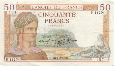 France 50 Francs C�r�s - 28-09-1939 - Serial H.11204