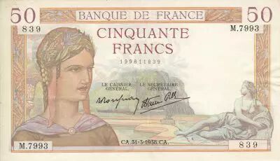France 50 Francs C�r�s - 31/03/1938 - Serial M.7993