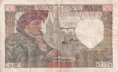 France 50 Francs Jacques Coeur - 05-09-1940 - Serial Q.15 - F to VF - P.93