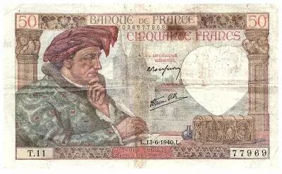 France 50 Francs Jacques Coeur - 13-06-1940 - Serial T.11-77969 - F.19.01
