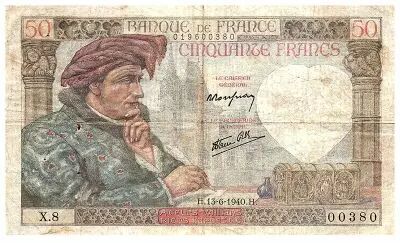 France 50 Francs Jacques Coeur - 13-06-1940 - Serial X.8-00380 - F.19.01