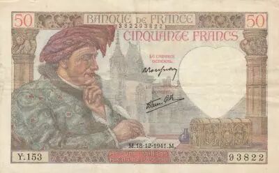 France 50 Francs Jacques Coeur - 18-12-1941 - Serial Y.153 - VF