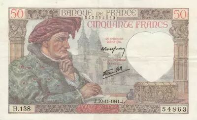 France 50 Francs Jacques Coeur - 20-11-1941 - Serial H.138 - VF
