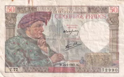 France 50 Francs Jacques Coeur - 24-04-1941 Serial T.77 - VF